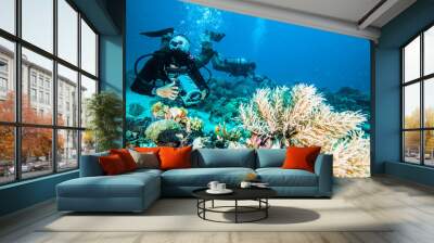 diver take a photo video coral kapoposang indonesia scuba diving Wall mural