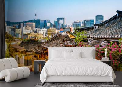 traditional korean style architecture at bukchon hanok village in seoul, south korea. Wall mural