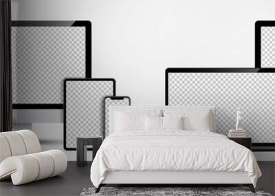 Device screens mockup. Laptop pro and thin, tablet and smartphone silver and dark gray colors with blank screens for you design. Realistic vector illustration. Wall mural