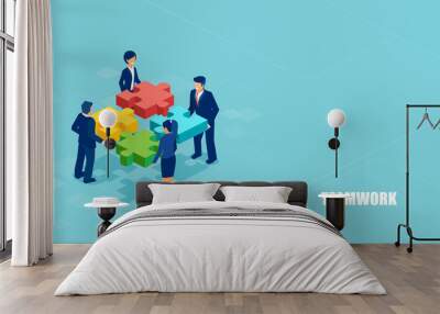 Isometric vector of business people solving a problem in team isolated on blue background. Wall mural