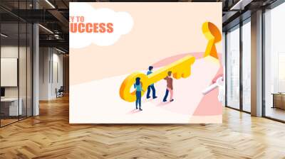 Isometric vector of group of people business team lifting key to success. Wall mural