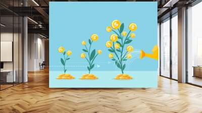 Vector of a business man hand with pot watering profitable money tree Wall mural