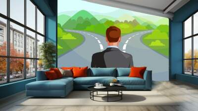 vector of a business man in front of two roads deciding which way to go in life Wall mural