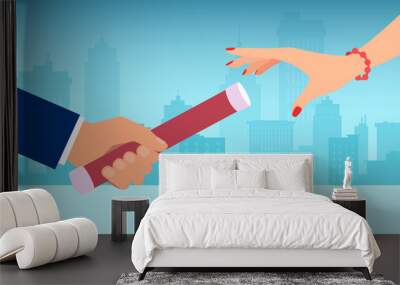 Vector of a business man passing relay baton to a businesswoman Wall mural