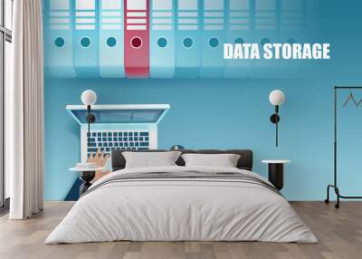 Vector of a business man using laptop computer searching a file in organized cloud data storage Wall mural