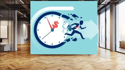 Vector of a businessman breaking a clock face running for a profit Wall mural