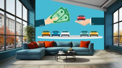 Vector of a businessman hand exchanging a new car for money Wall mural