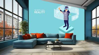 Vector of a businessman using virtual reality technology for financial data analysis and efficient time management. Wall mural