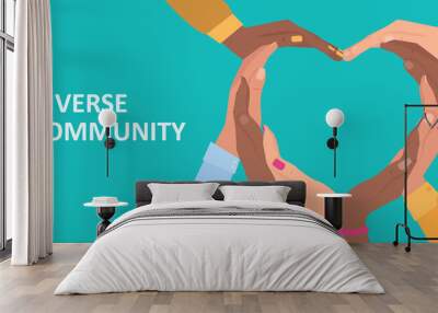 Vector of a group of diverse people connected together with hands shaped as heart Wall mural