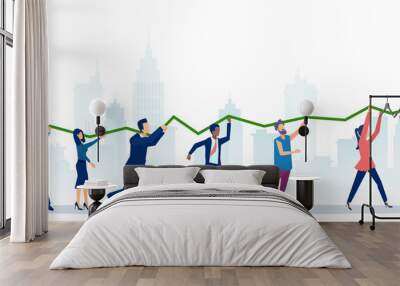 Vector of a group of people lifting up a financial graph and arrow Wall mural