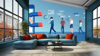 Vector of a group of people using mobile gadgets communicating being attracted by social media app Wall mural