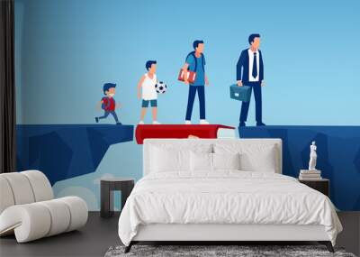 Vector of a growing up man walking on a book bridging the gap to become a successful businessman Wall mural