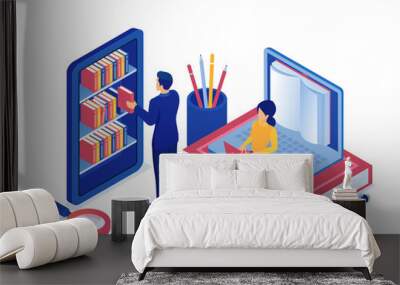 Vector of a man and a woman using internet education resources online library Wall mural