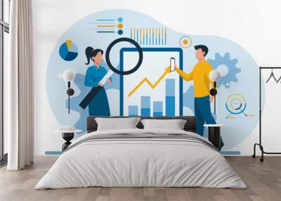 Vector of a man and woman reading digital data report Wall mural