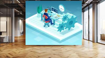 Vector of a man working on pc at his desk, freelancing from home Wall mural