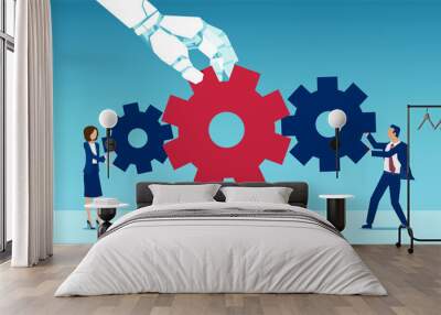 Vector of a robot connecting businessman and businesswoman with a red gear Wall mural