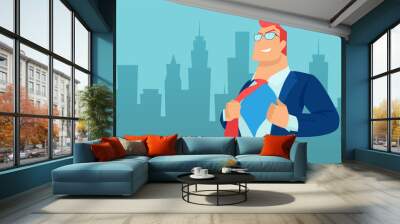 Vector of a super hero business man on a cityscape background Wall mural