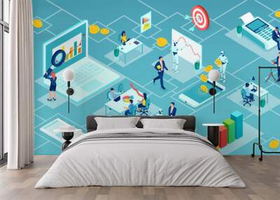 Vector of businesspeople working together with robots on financial data analysis Wall mural