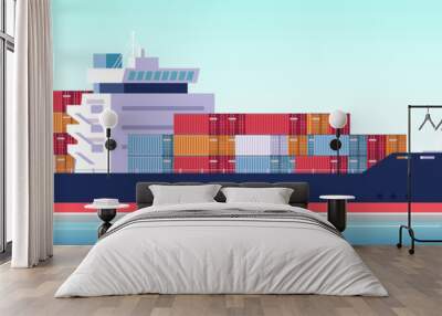 Vector of cargo ship container in the ocean. Wall mural