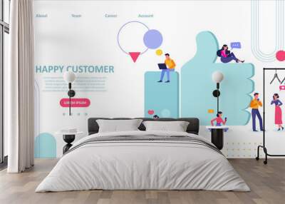 Vector of happy clients giving thumb up review on social media platforms, mobile gadgets Wall mural