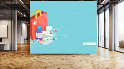 Vector of medicine, hospital set of drugs with labels on blue background Wall mural