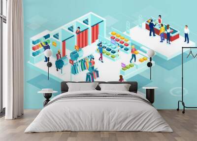 vector of people men and women shopping together at the shopping mall buying clothing Wall mural