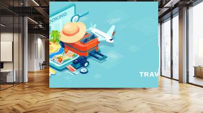 Vector of travel equipment and luggage on a mobile laptop touch screen Wall mural