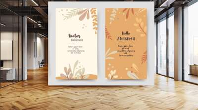 Autumn background templates with simple yellow plants and leaves. Vector illustration with floral elements for sale banner, invitation, advertisement, cover, greeting card, social media post and story Wall mural