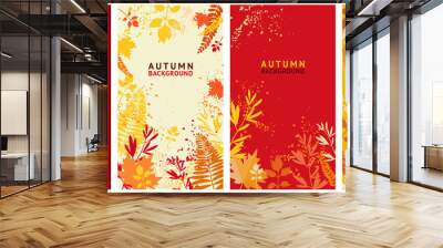 Autumn vector set of abstract backgrounds, bright banners, posters, cover design templates, social media wallpaper stories with yellow and orange leaves Wall mural