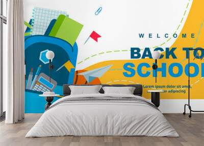 Back to school poster design. Backpack, pen and school supplies on a colorful background. Vector illustration can be used for web banner, advertising, signs. Student bag with cool accessories Wall mural