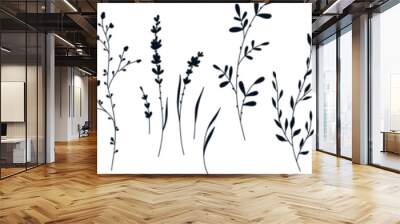 Botanical floral set in silhouette style. Hand drawn minimalistic elegant herbs, twigs, branches, flowers and leaves. Vector trendy wedding greenery Wall mural