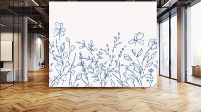 Botanical seamless border with trendy meadow greenery and flowers. Hand drawn thin line art style pattern for wedding invitation, wall art and card template. Vector illustration Wall mural