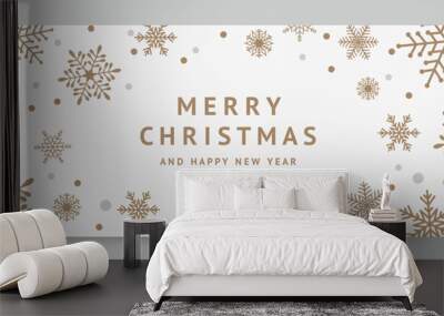 Christmas banner with golden snowflakes on white background. Winter holidays greeting card template. Vector illustration Wall mural