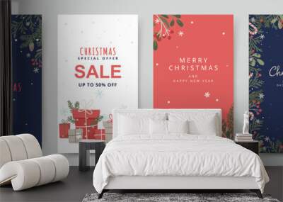 Cute Christmas background with Christmas tree branches, snow, red berries, gift boxes and snowflakes. Winter holiday vector flat style illustration for greeting card, cover, banner, social media post Wall mural