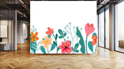 Cute horizontal banner with hand drawn blooming flowers. Floral seamless patterns border. Vector illustration on white background Wall mural