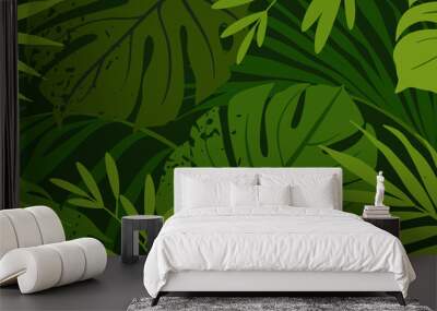 Green background with tropical plant leaves and texture. Editable vector template for wallpaper, banner, invitations, flyers, advertisements, posters Wall mural