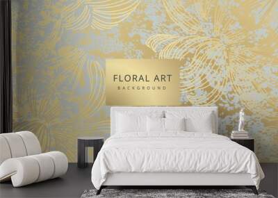 Luxury floral abstract background with gold hand drawn flowers. Vector design template for postcard, wall poster, business card, flyer, banner, wedding invitation, print, cover, wallpaper Wall mural