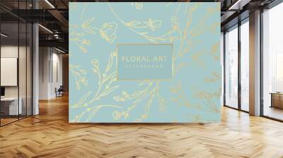 Luxury floral blue abstract background with gold hand drawn flowers. Vector design template for postcard, wall poster, business card, flyer, banner, wedding invitation, print, cover, wallpaper Wall mural