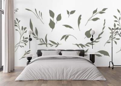 Set of silhouettes of branches and leaves. Hand drawn vector botanical elements Wall mural