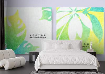 Summer backgrounds with tropical leaves. Texture and gradient of green, blue and yellow colors. Beach and jungle theme. Editable vector template Wall mural