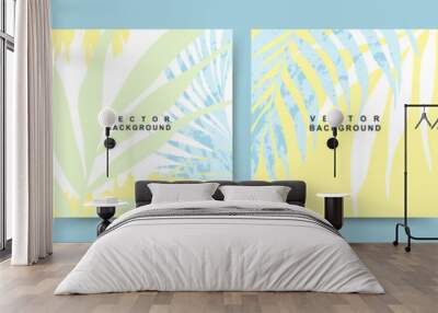 Summer backgrounds with tropical palm leaves. Texture in blue and yellow. Jungle and beach theme. Editable vector template  Wall mural