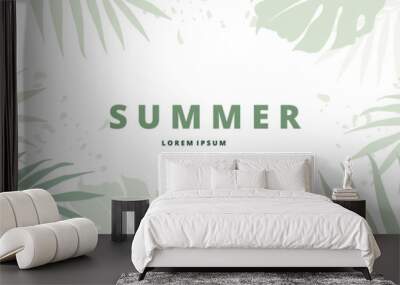 Summer green background. Horizontal banner template with tropical leaves, flowers. Vector abstract illustration for poster, postcard, header  website  Wall mural