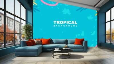 Summer tropical horizontal banner with exotic leaves, abstract lines and shapes. Trendy frame on a blue background. Editable vector illustration Wall mural