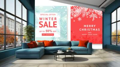 Winter holidays square banner templates with Christmas tree branches and snowflakes. Winter sale on social networks. Vector for greeting card, mobile app, design social media post, poster, flyer  Wall mural