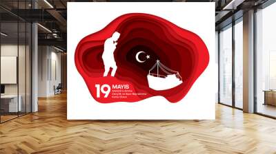 19 mayis Ataturk’u anma, genclik ve spor bayrami vector illustration. translation 19 May, Commemoration of Ataturk, Youth and Sports Day Turkey celebration card, badge and banner. Wall mural