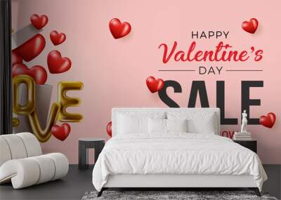 Happy valentines day vector banner greeting card with valentine elements like gift and hearts design in red background. Gold metallic text Love, realistic red balloons. Vector Illustration Wall mural