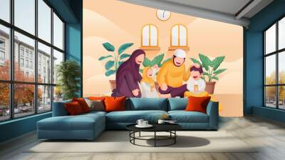 Muslim Family Having Iftar Children Happy to Complete Fasting and Appreciated by Parents in Ramadan Holy Month Wall mural