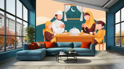 Muslim family Praying Before having Iftar or Suhoor Ramadan kareem cartoon illustration Wall mural