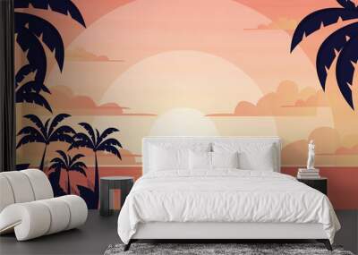 Sunset or sunrise in ocean, nature landscape background,  Evening or morning view Cartoon vector illustration.
beach illustration background Wall mural