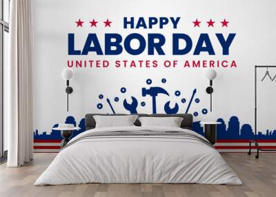 USA Happy Labor Day celebration banner background design with American flag. Labour day Safety hard hat and Construction tools background. Wall mural